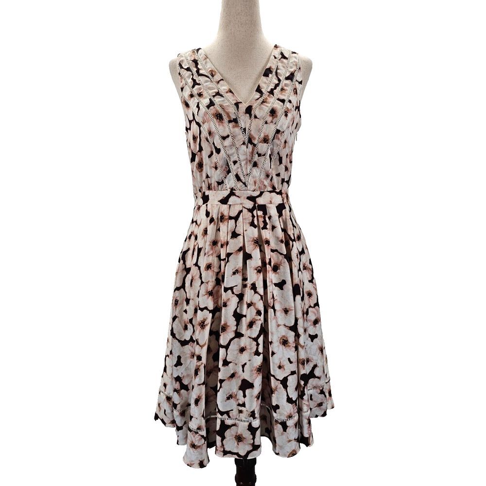 Banana Republic Dress 0 Brown White Floral Sleeveless V-Neck Pleated Midi 587633